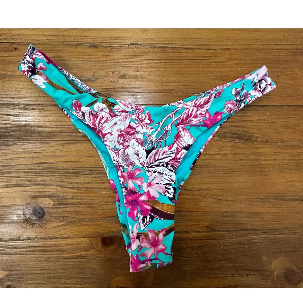 Miss Bikini Luxe Turquoise Floral High Cut Bikini Bottoms Tropical Pink Large